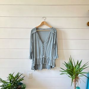 POL blueish gray embroidered ruffled boho top M